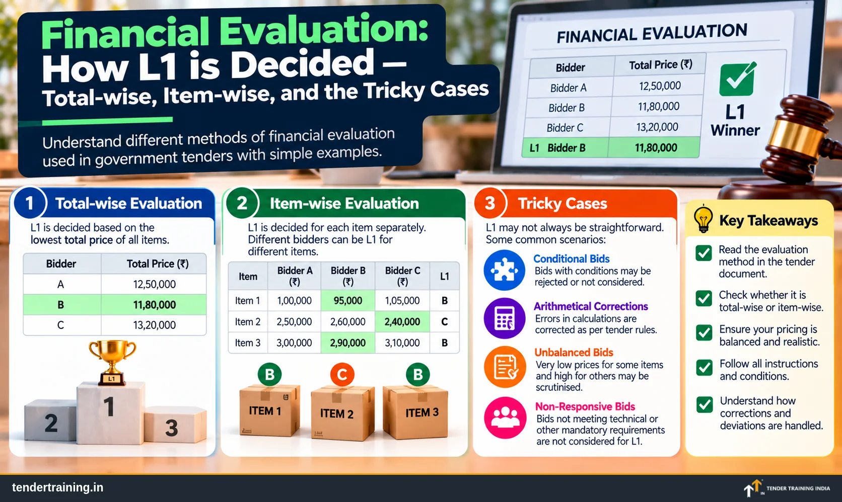 Infographic: total-wise, item-wise and tricky cases in financial evaluation, with an L1 winner table
