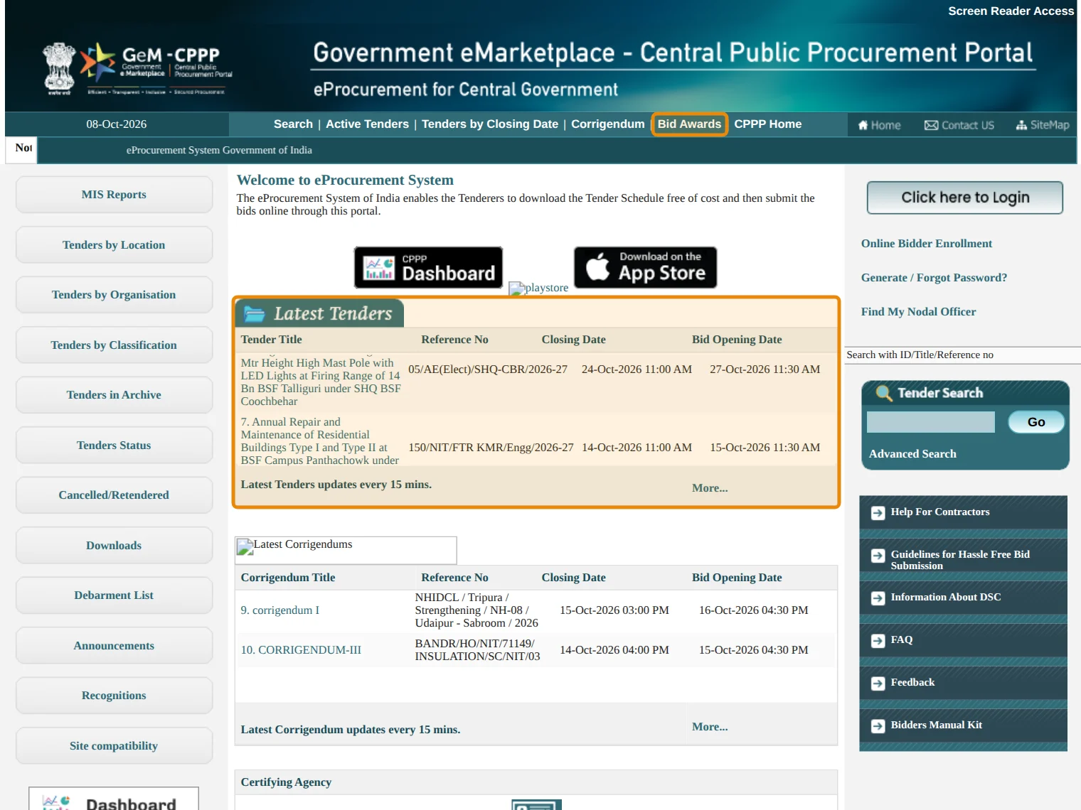 Home page of the Central eProcurement portal with the Latest Tenders box and the Bid Awards menu link highlighted