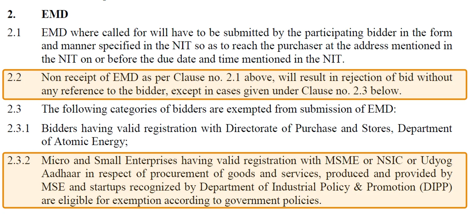 EMD clause from a real tender notice: EMD to reach the purchaser before the due date, non-receipt leads to rejection, and exemption for bidders registered with the Directorate of Purchase and Stores, Department of Atomic Energy, and for Micro and Small Enterprises and DIPP-recognised startups