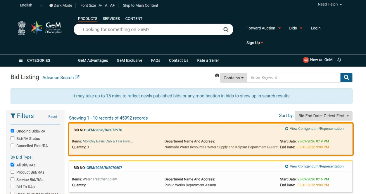 GeM Bid Listing page showing 45,992 ongoing bids; one bid card highlighted with bid number, items, quantity, department name and address, start date and end date