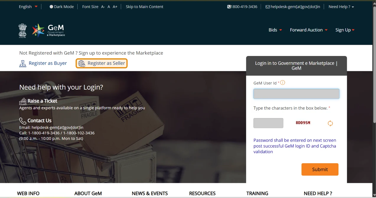 GeM login page with Register as Seller link highlighted, next to the login box asking for GeM User Id and captcha