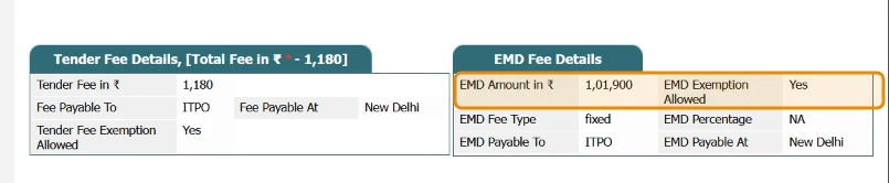 Real tender: EMD Amount 1,01,900, EMD Exemption Allowed Yes, EMD Fee Type fixed