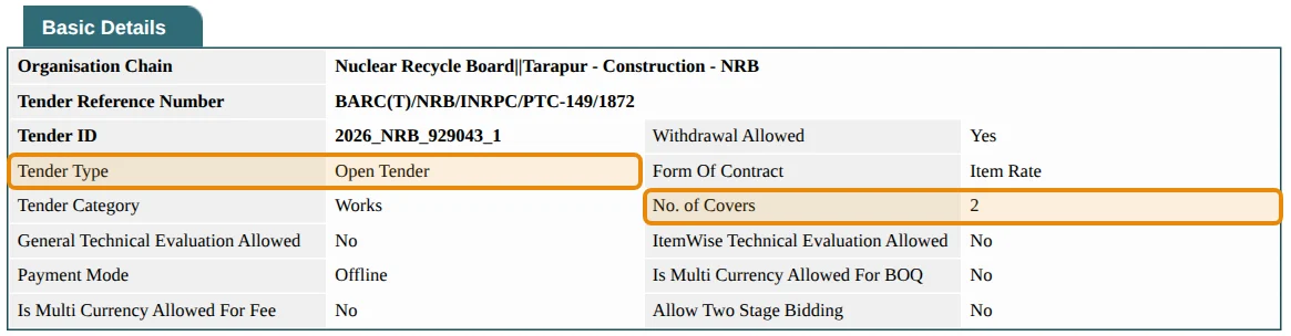 Basic details of a real tender with Tender Type: Open Tender and No. of Covers: 2 highlighted