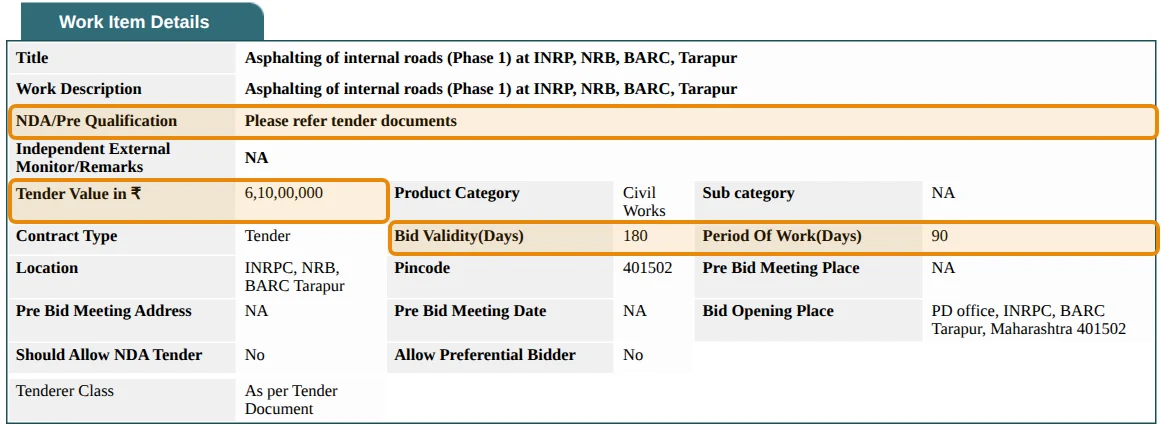 Work Item Details of a real tender: Asphalting of internal roads (Phase 1) at INRP, NRB, BARC, Tarapur; tender value 6,10,00,000; product category Civil Works; bid validity 180 days; period of work 90 days; location INRPC, NRB, BARC Tarapur; pre-qualification please refer tender documents