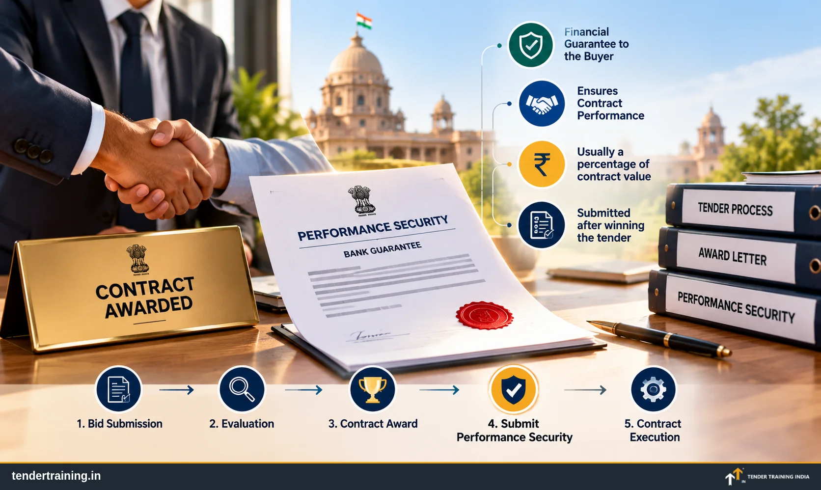 A handshake after a contract is awarded, with a performance security bank guarantee on the desk