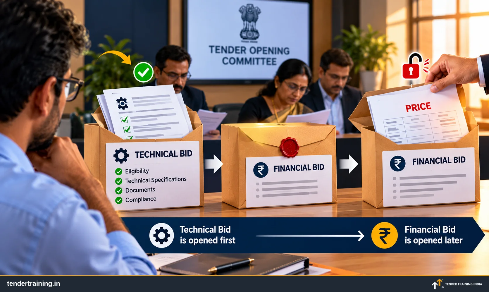 Technical bid and financial bid envelopes before a tender opening committee: technical first, price later